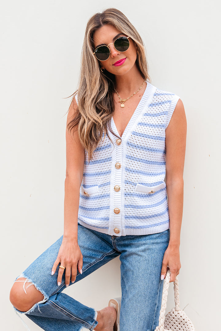 Sky Blue Stripe V Neck Gold Buttons Elegant Sweater Vest