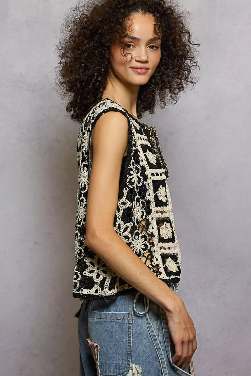 POL Tie Front Floral Pattern Crochet Vest with Scalloped Edge
