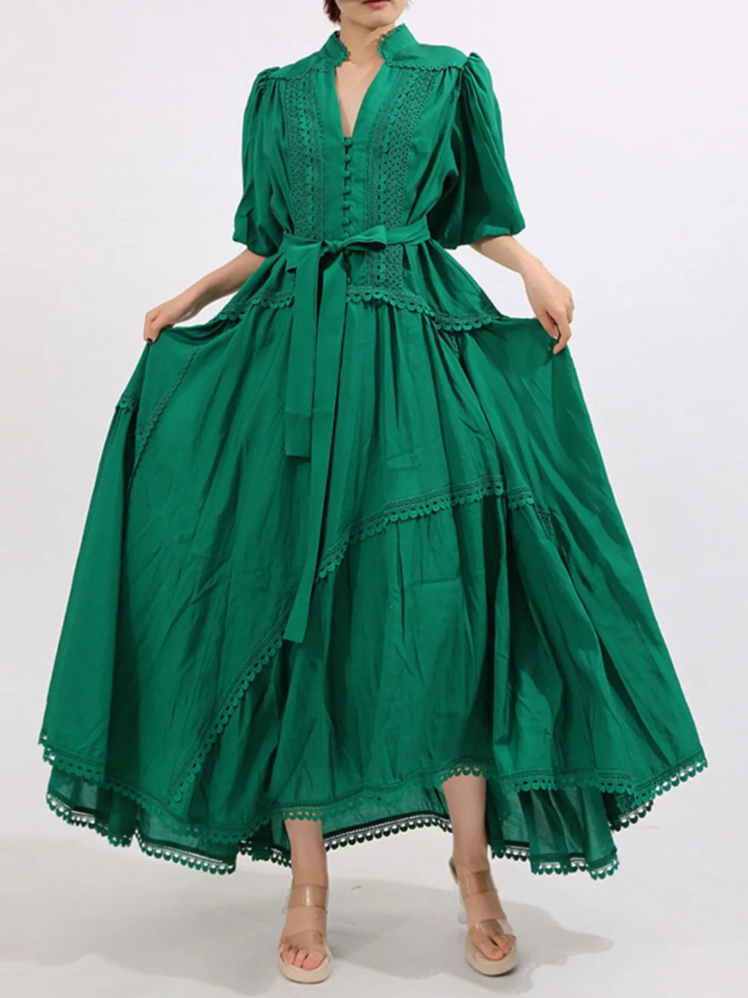 Lace Detail Notched Puff Sleeve Maxi Dress