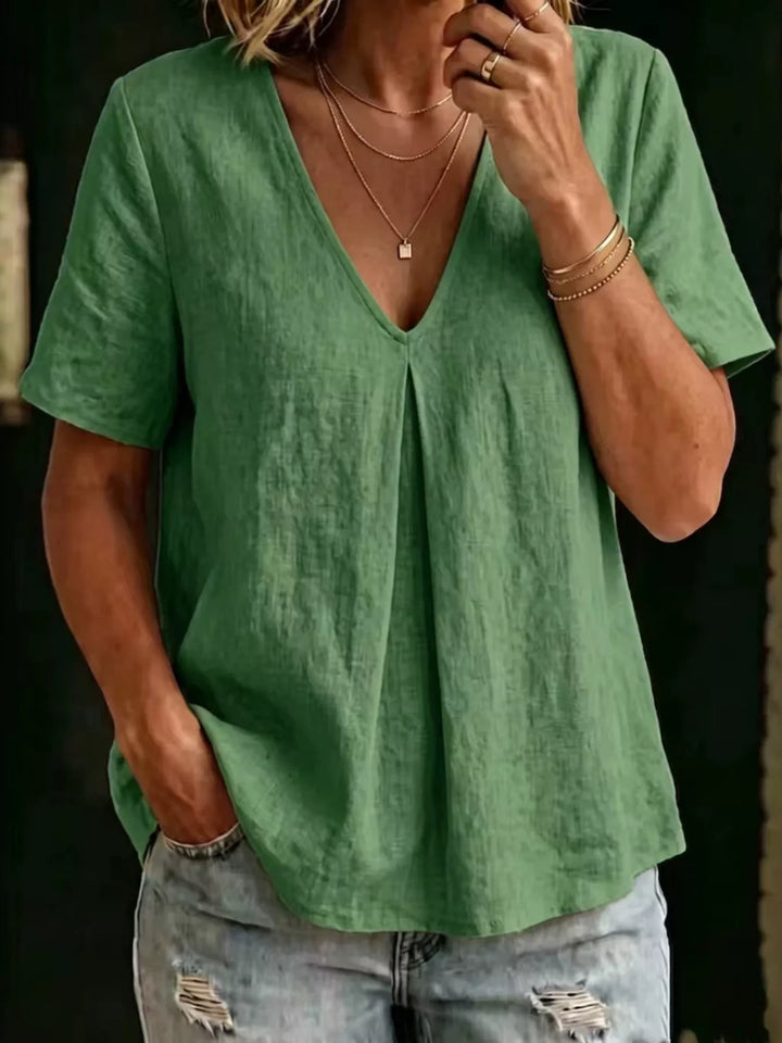 Full Size V-Neck Pleated Short Sleeve Blouse Plus Size