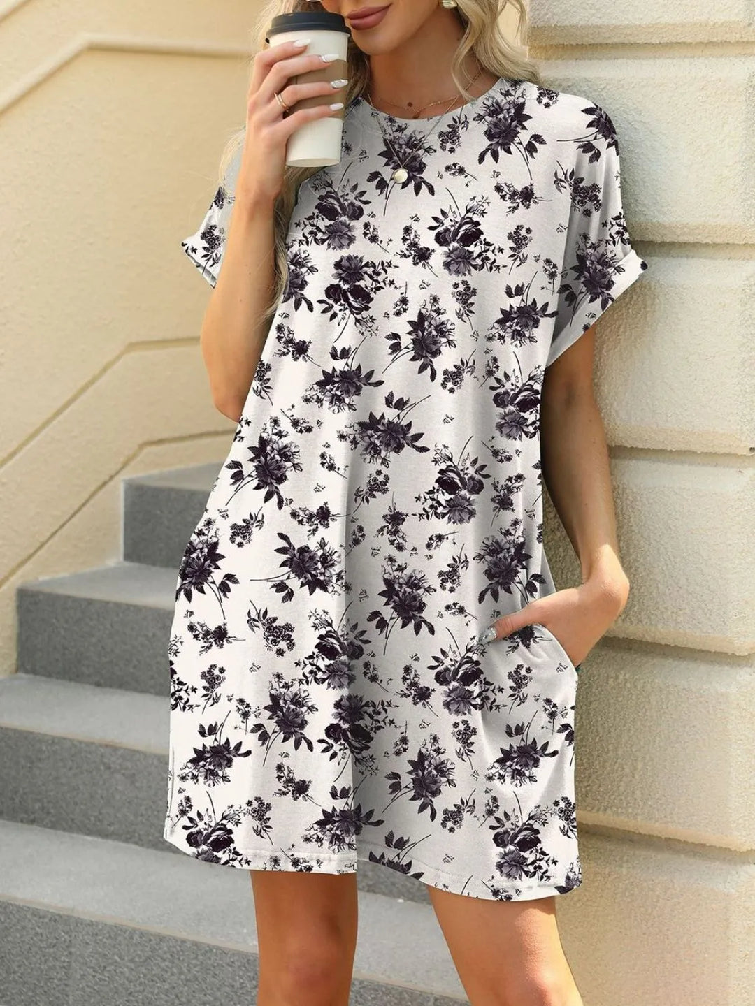 Printed Round Neck Short Sleeve Mini Dress
