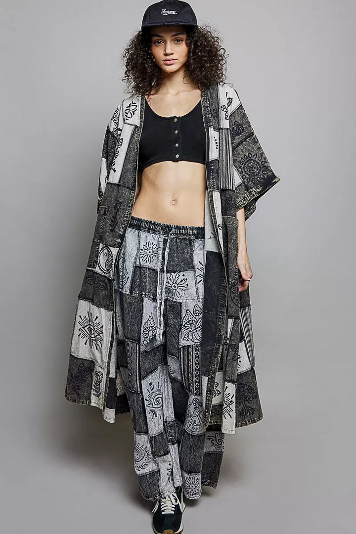 POL Open Front Printed Patchwork Longline Cardigan