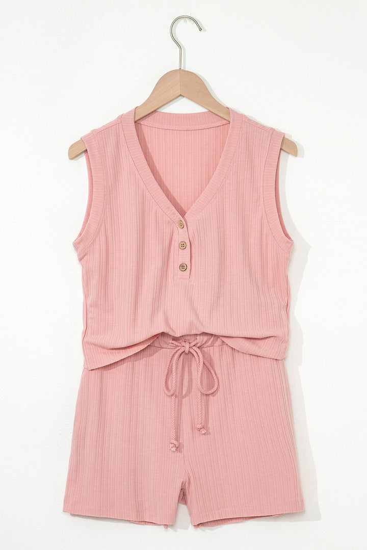 Gossamer Pink Ribbed Button V Neck Tank Top and Shorts Set