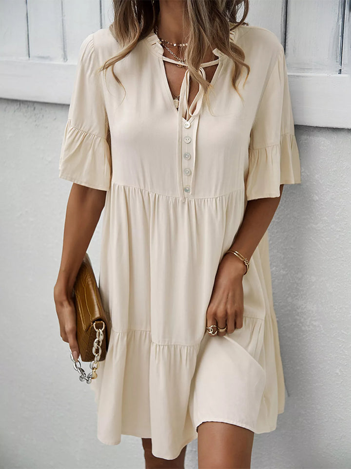 Boho Ruffle Sleeve Button Down Tiered Mini Dress