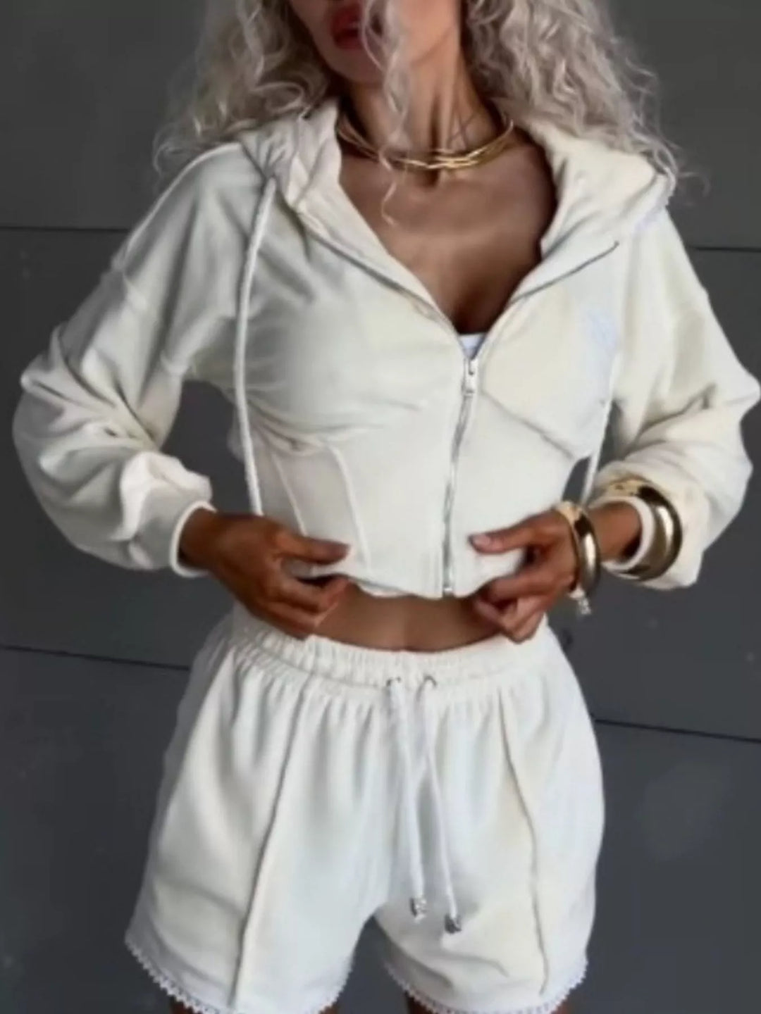 Zip Up Hooded Outerwear and Shorts Set