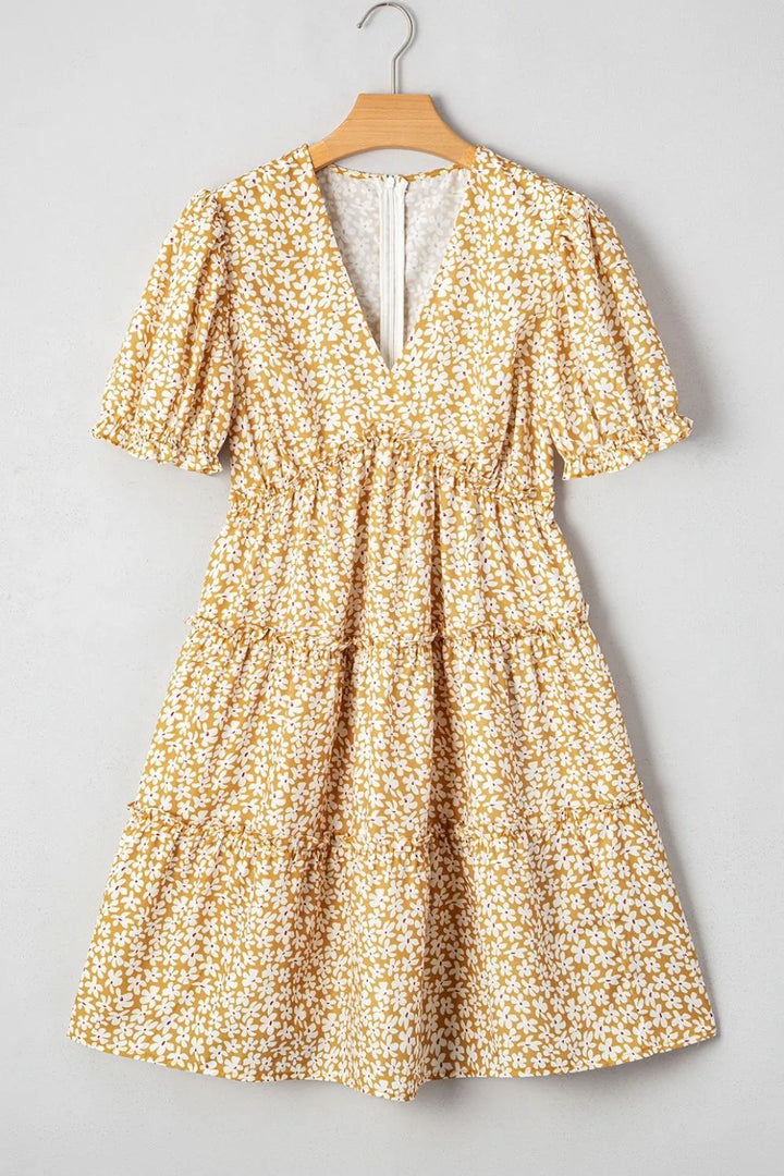 Floral Short Sleeve Surplice Frilly Tiered Mini Dress