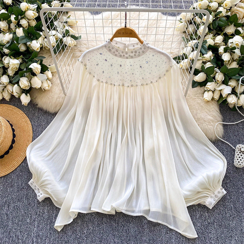 Womens Loose, Casual Rhinestone-embellished Lantern-sleeve Tassel Mesh Top