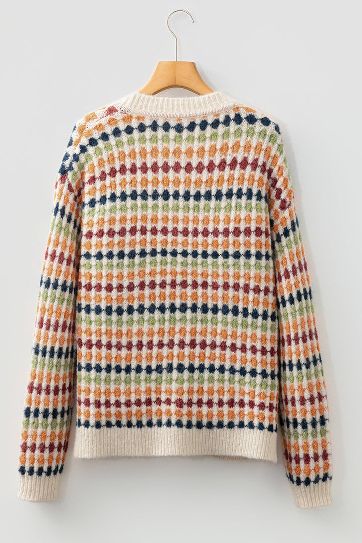 Multicolour Dotty Pattern Knit Button Front V Neck Sweater Cardigan