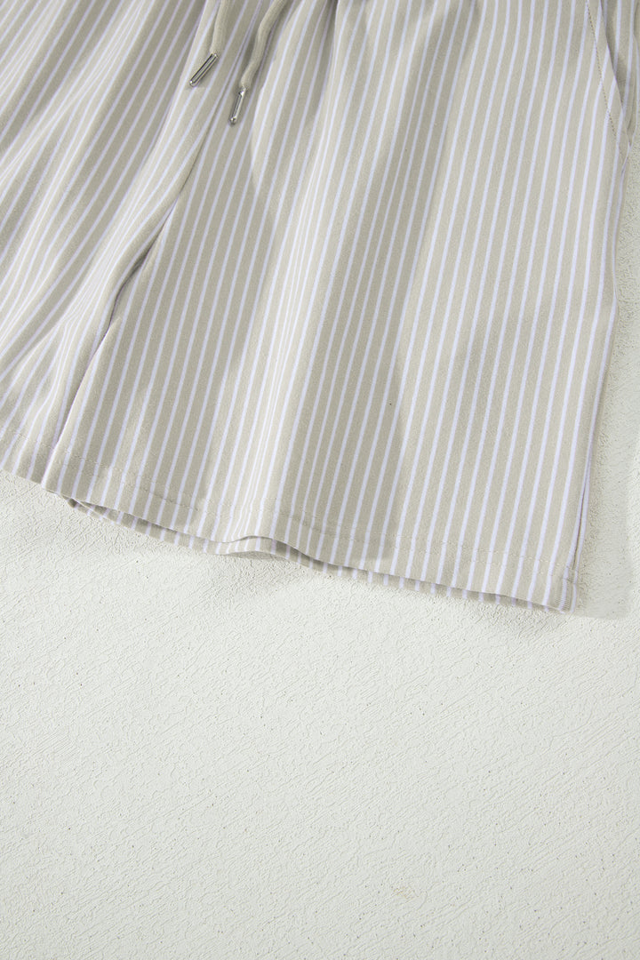 Khaki Stripe Dolman Sleeve Polo Shirt and Drawstring Shorts Set
