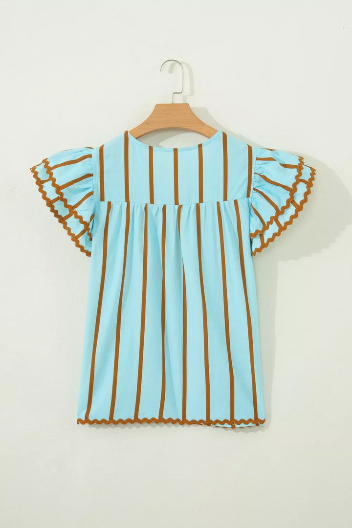 Stripe Ricrac Trim Double Ruffled Short Sleeve V Neck Blouse