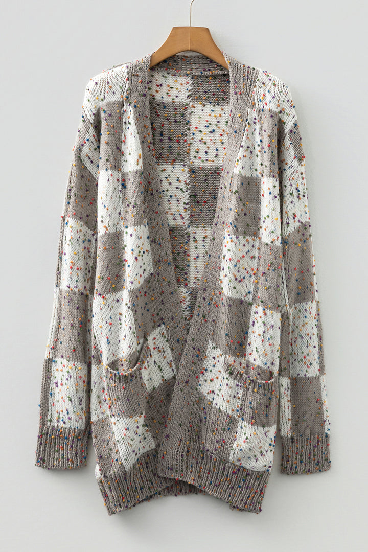 Brown Confetti Dot Checkered Print Open Cardigan with Pockets