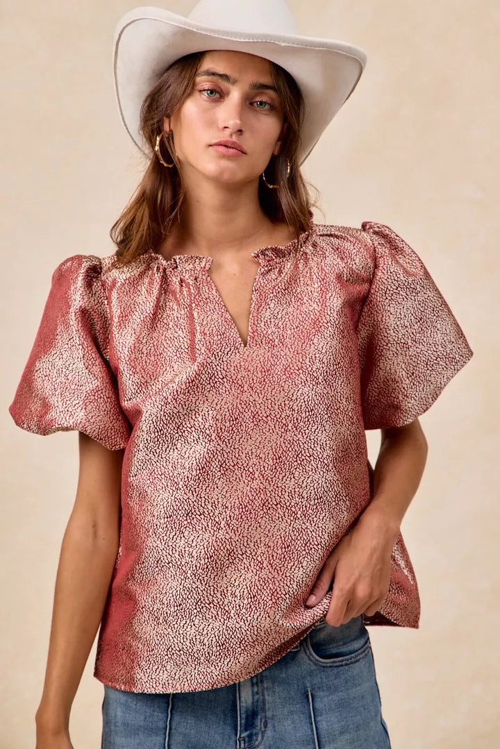 BiBi Jacquard Woven Short Balloon Sleeves V Neck Top