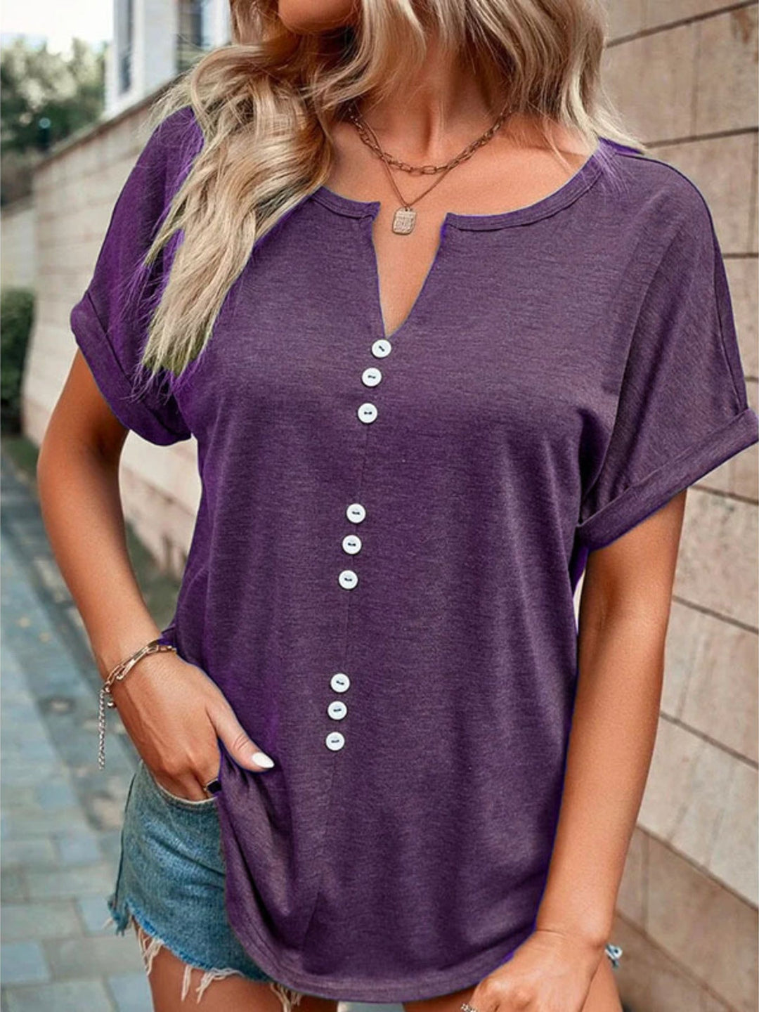 Full Size Decor Button Short Sleeve T-Shirt Plus Size