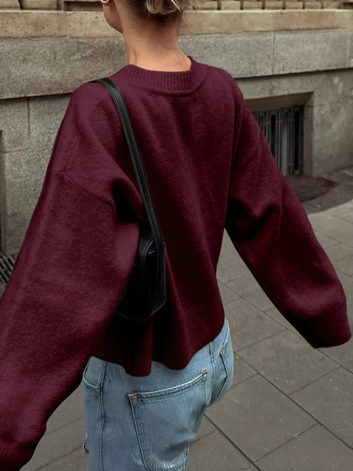 Ribbed Round Neck Dropped Shoulder Sweater