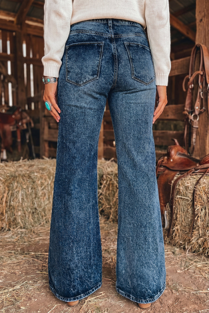 Sail Blue Acid Wash Pocket Detail Flare Jeans