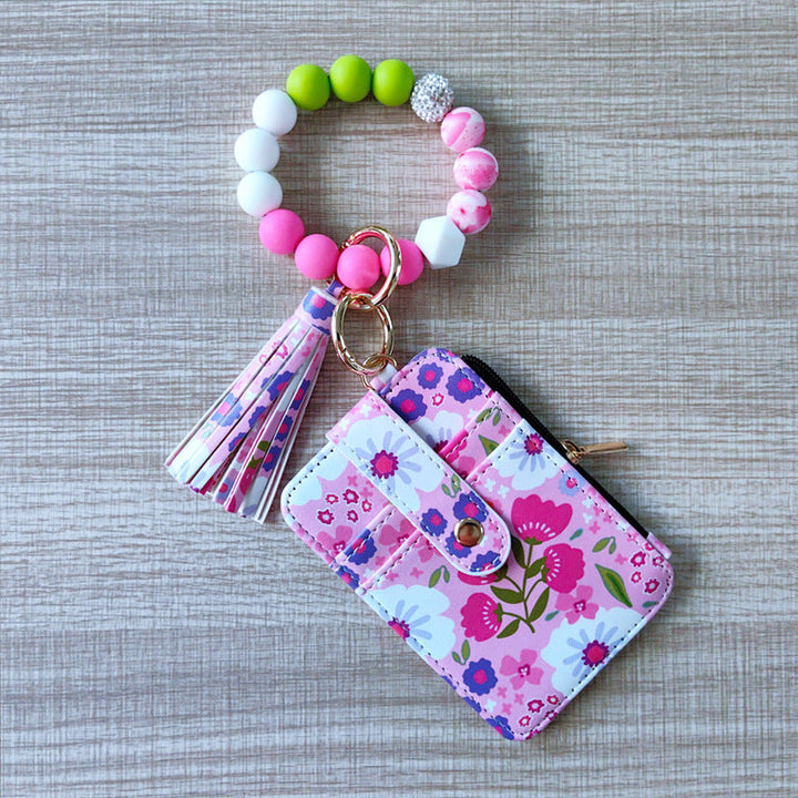 Womens Silicone Bead Bracelet Keychain Cardholder
