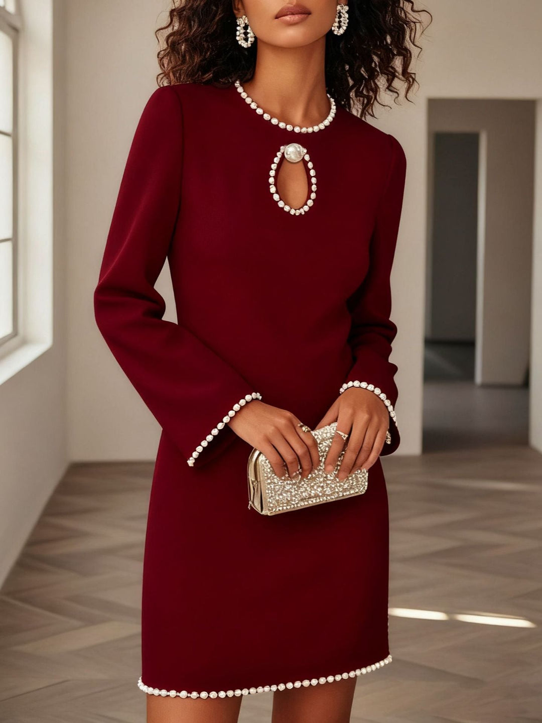 Keyhole Pearl Trim Mini Dress