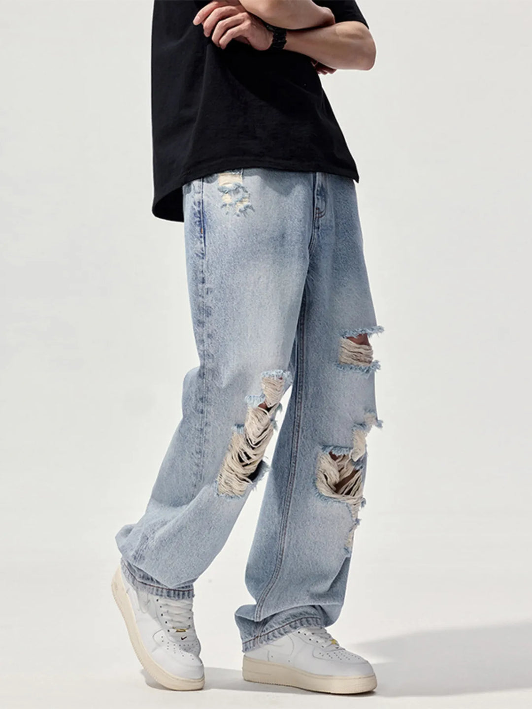 Men's Distressed Washed Wide Leg Jeans