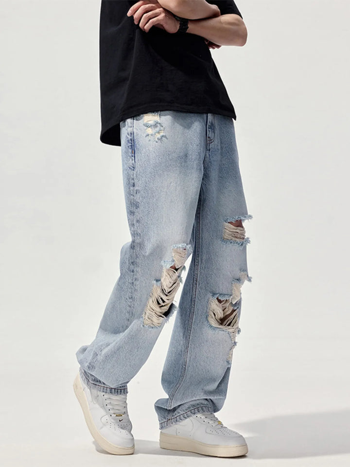 Men's Distressed Washed Wide Leg Jeans