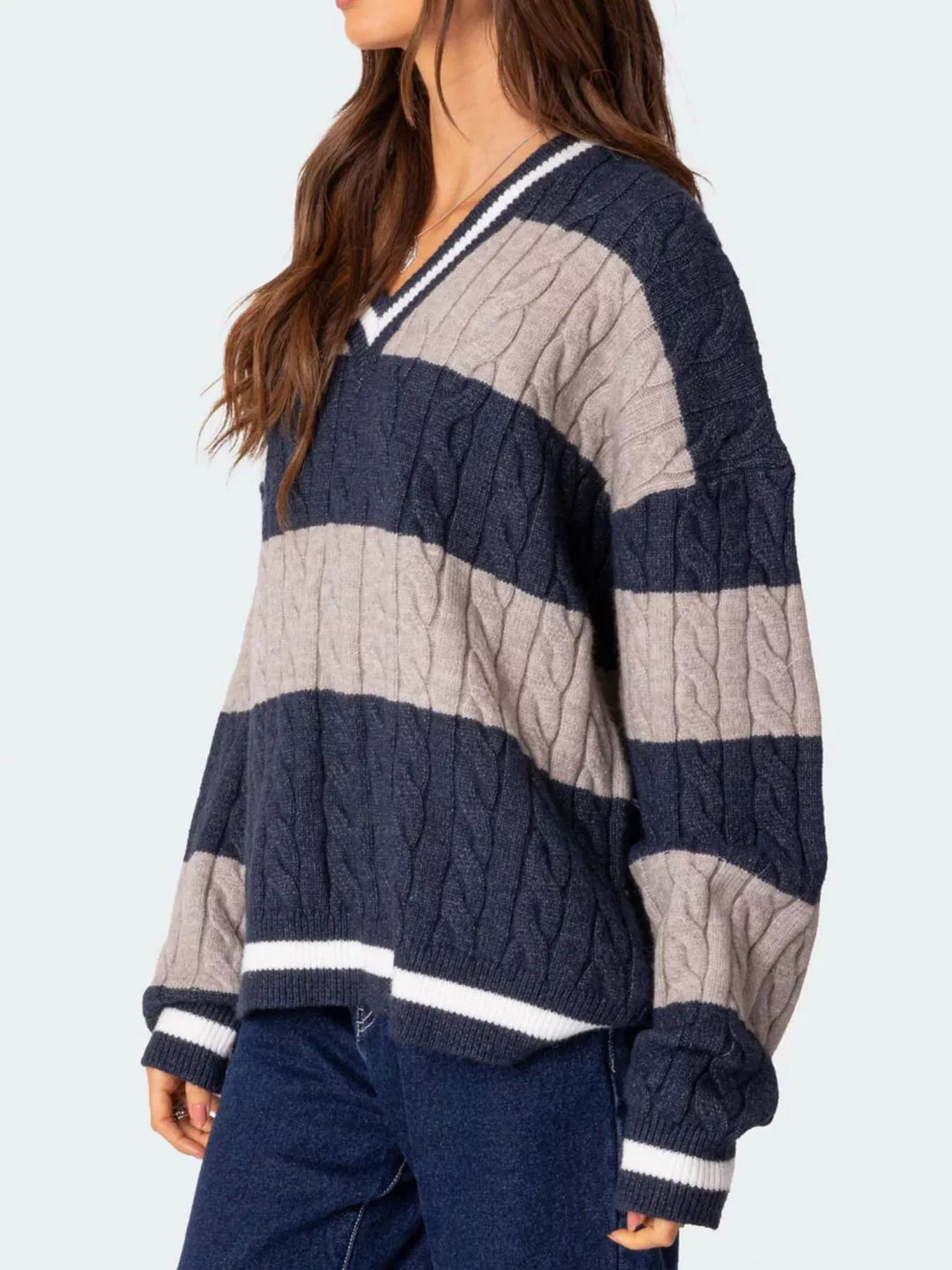 Striped Cable Knit V-Neck Sweater