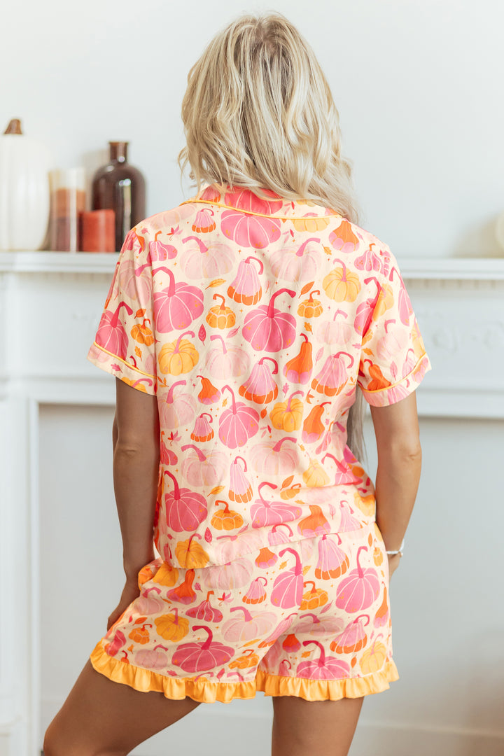 Pink Short Sleeve Pumpkin Print Pocket Placket Shell Button Lounge Set