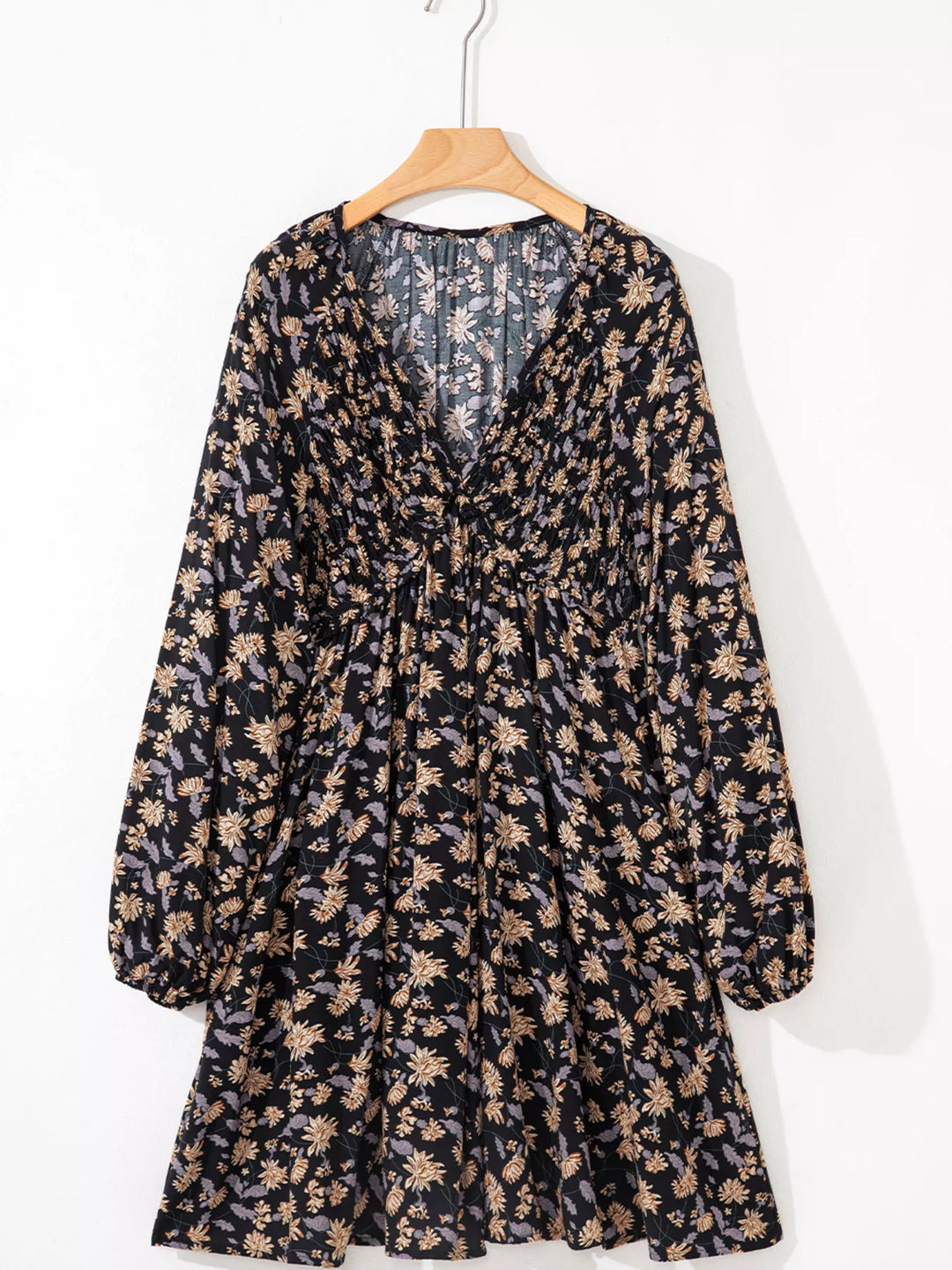 Floral Deep V Neck Smocked Bust Bubble Sleeve Babydoll Dress