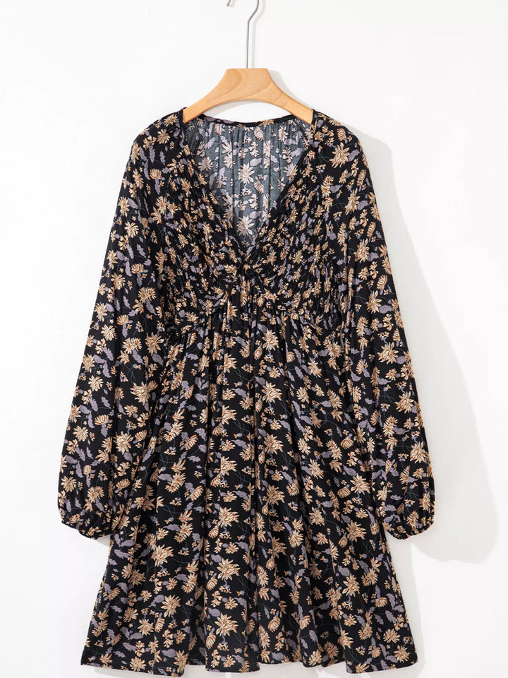 Floral Deep V Neck Smocked Bust Bubble Sleeve Babydoll Dress