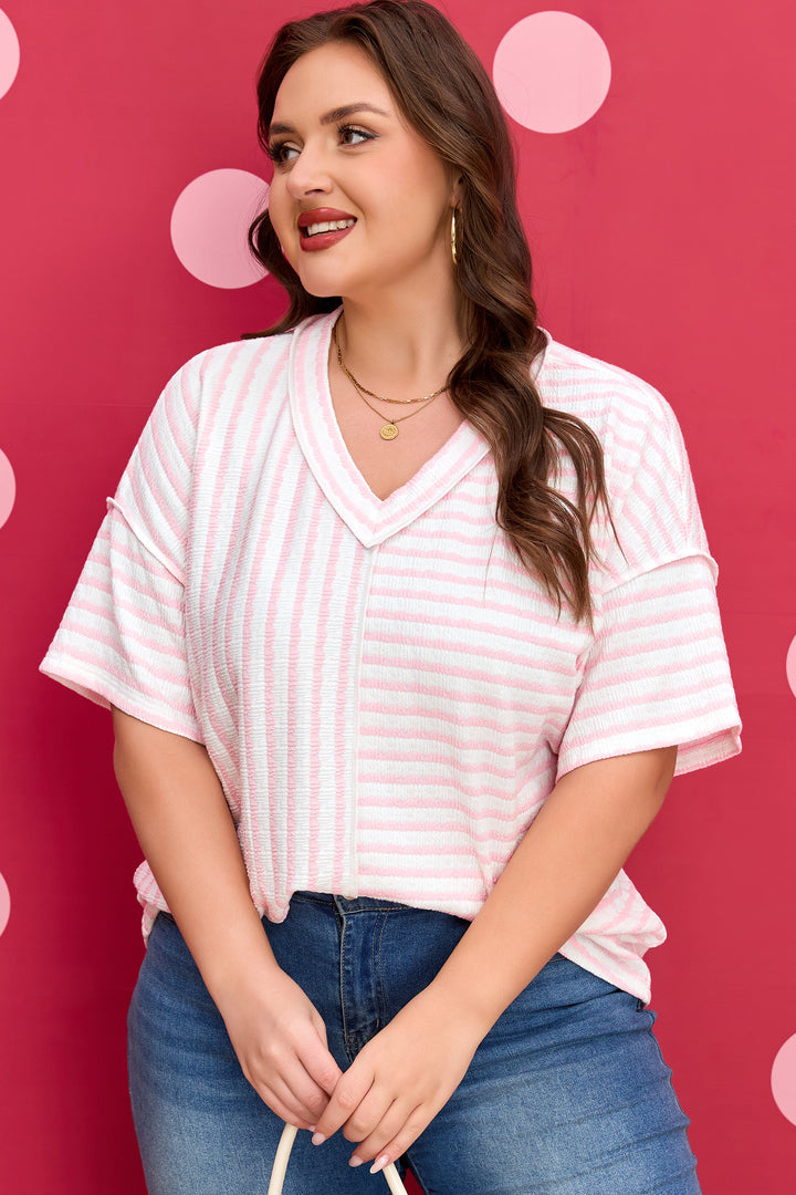 Pink Stripe Plus Size V Neck Exposed Seam Patchwork T Shirt