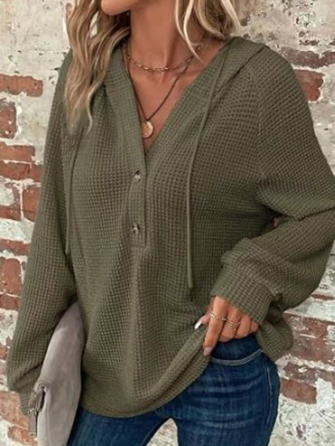 Waffle Knit Button Detail Hoodie