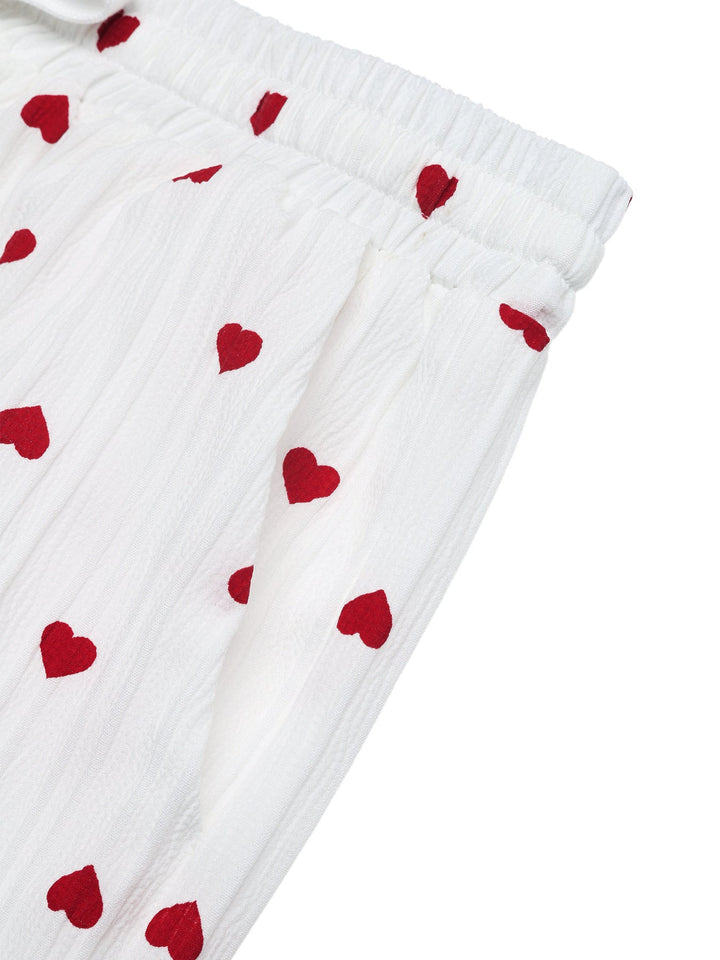 Heart Print Drawstring Waist Wide Leg Pants