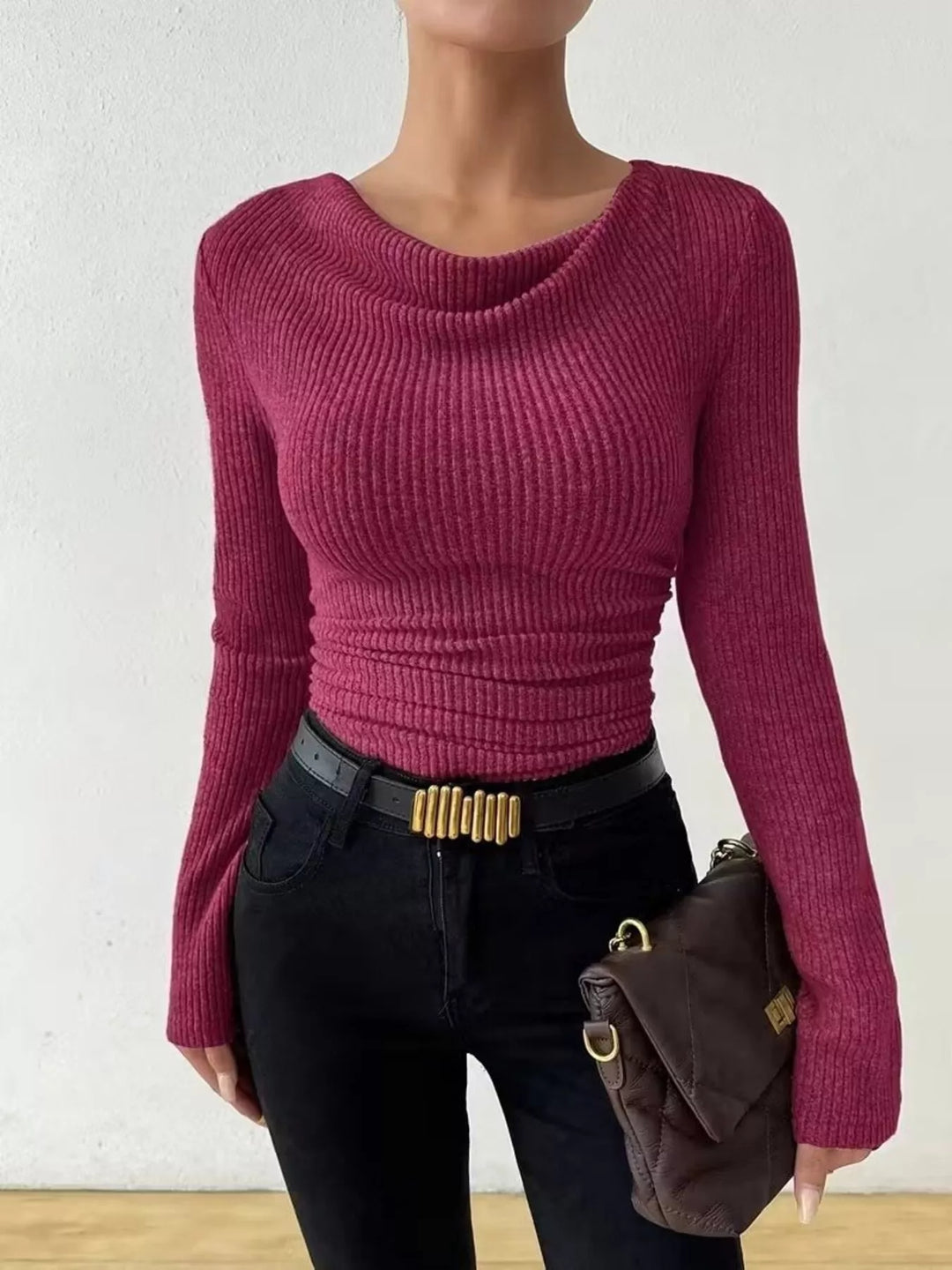 Cowl Neck Ribbed Knit Top
