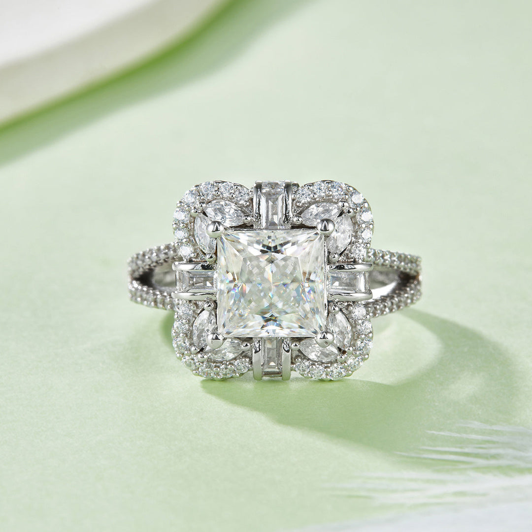 S925 Sterling Silver 2ct Princess Cut Moissanite Ring, D-VVS1 Cluster Halo With Split Shank, Platinum Plated US Sizes 5-9, GRA Certificate Gift Box