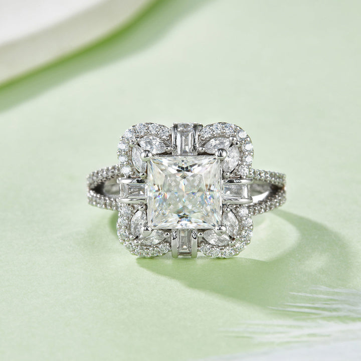 S925 Sterling Silver 2ct Princess Cut Moissanite Ring, D-VVS1 Cluster Halo With Split Shank, Platinum Plated US Sizes 5-9, GRA Certificate Gift Box