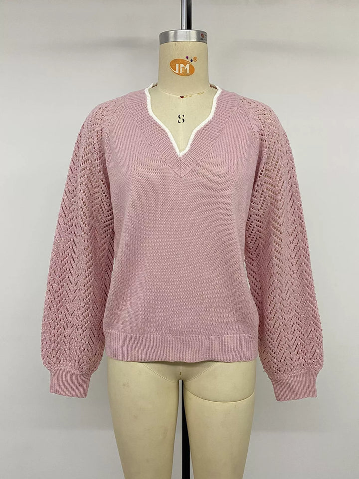 V-Neck Openwork Long Sleeve Sweater