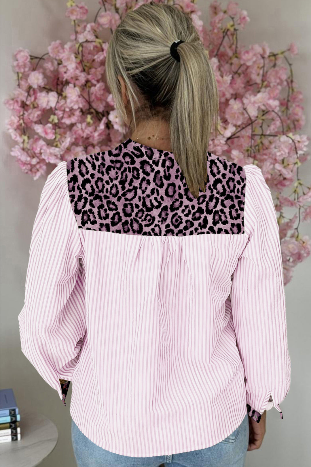 Pink Stripe Leopard Patchwork Long Sleeve Shirt