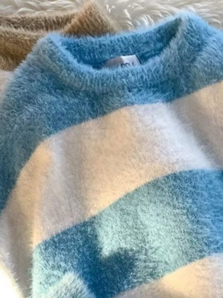 Men's Striped Fuzzy Knit Pullover Sweater