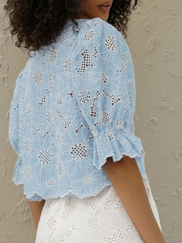 Embroidered Flounce Sleeve Blouse
