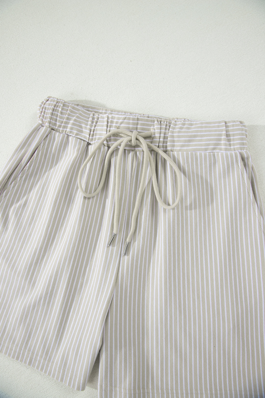 Khaki Stripe Dolman Sleeve Polo Shirt and Drawstring Shorts Set