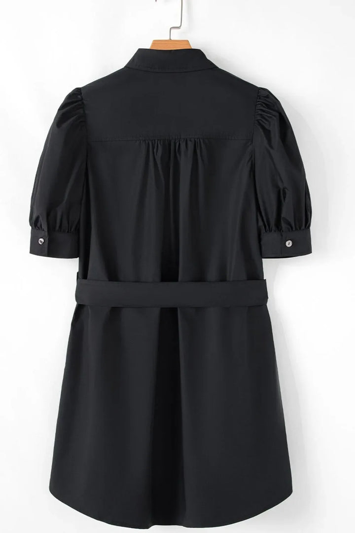 Button Up Tie Waist Puff Sleeve Mini Shirt Dress