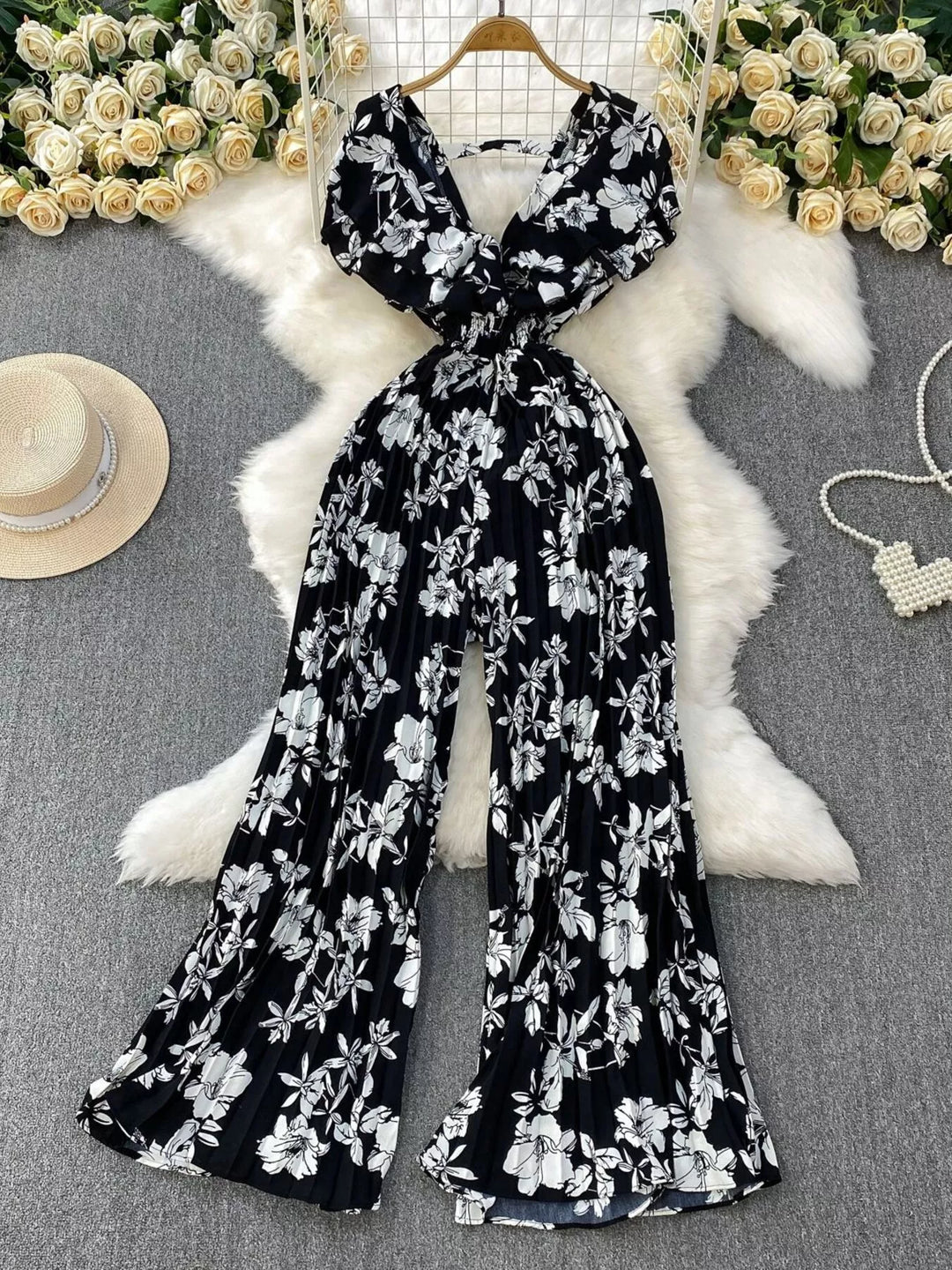 Floral Print Wide Leg Pleated Jumpsuit