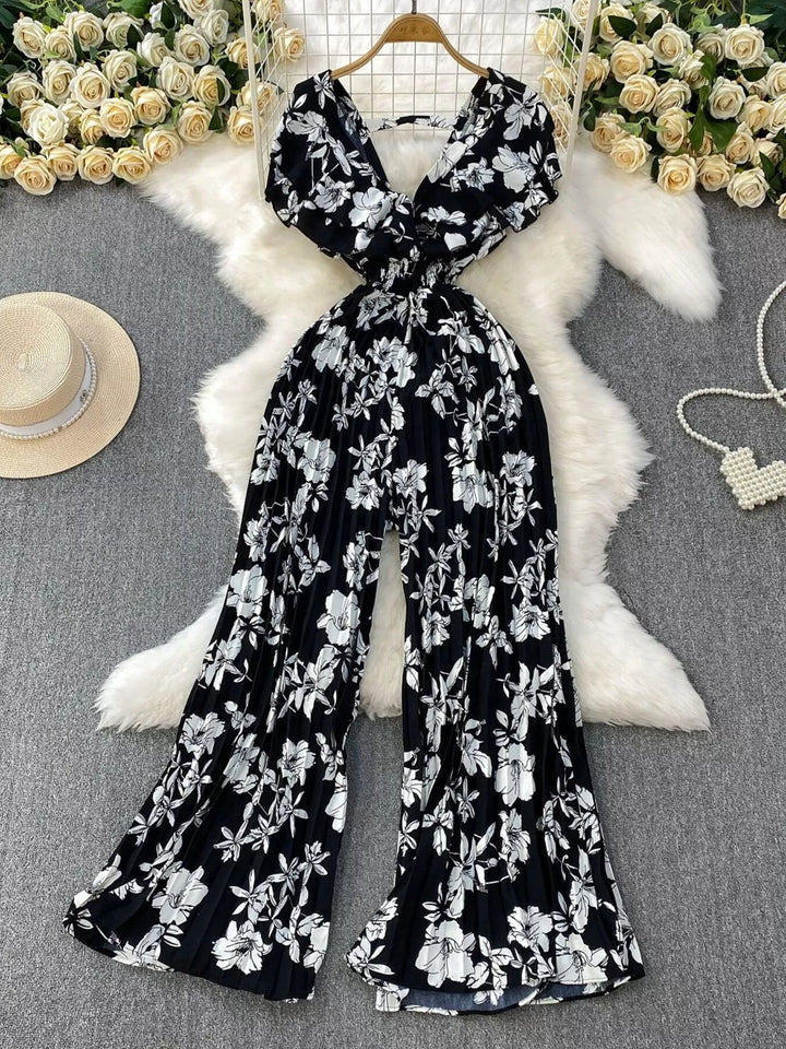 Floral Print Wide Leg Pleated Jumpsuit