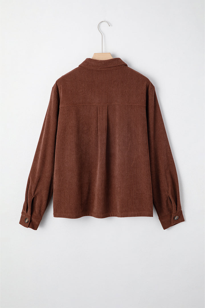 Coffee Floral Embroidered Collar Button Front Corduroy Jacket With Pocket