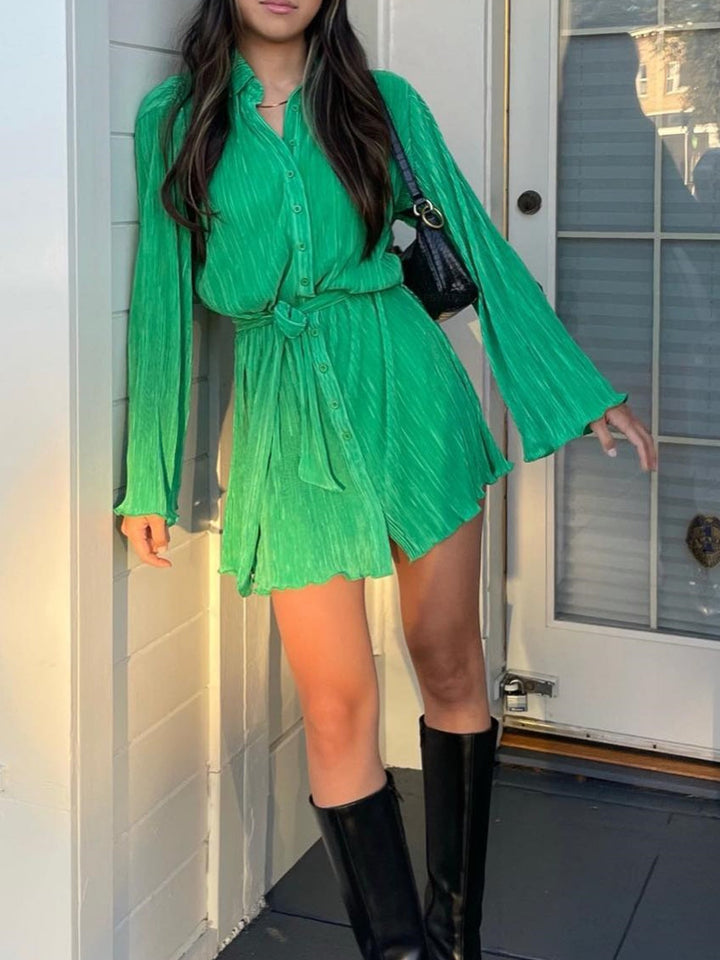 Tied Button-Up Long Sleeve Dress