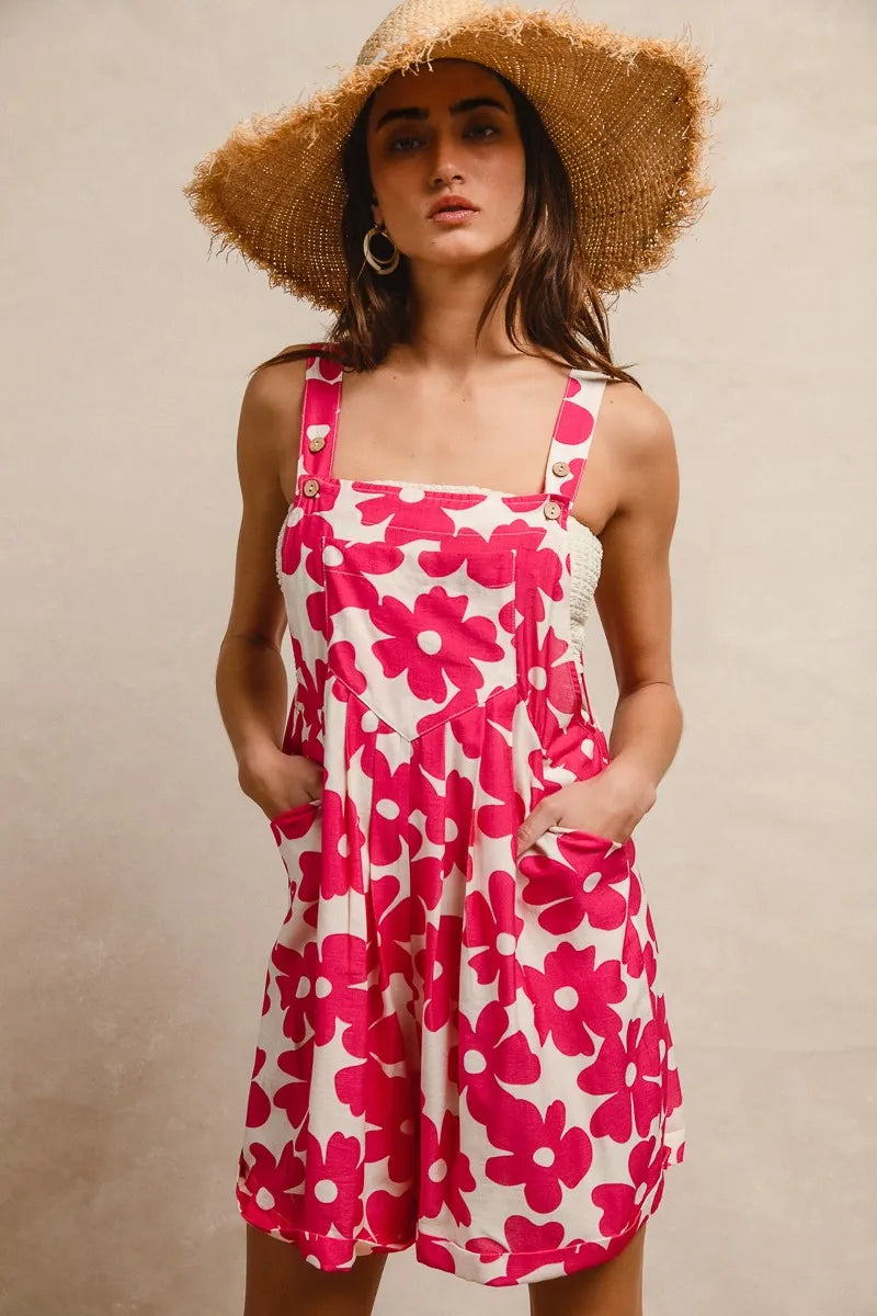 BiBi Floral Prints Tuck Detail Short Overall With Pockets