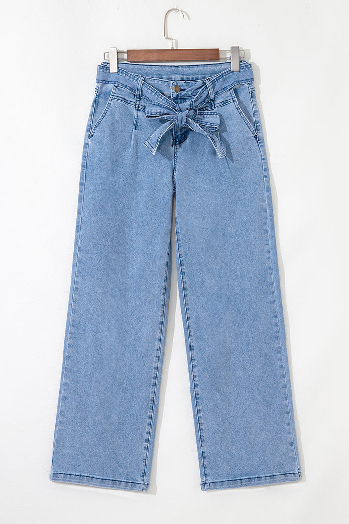 Beau Blue Western Washed Bow Knot Sash Wide Leg Jeans