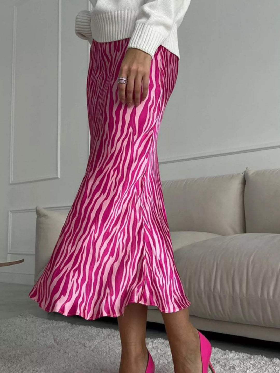 Satin Zebra Print Midi Skirt