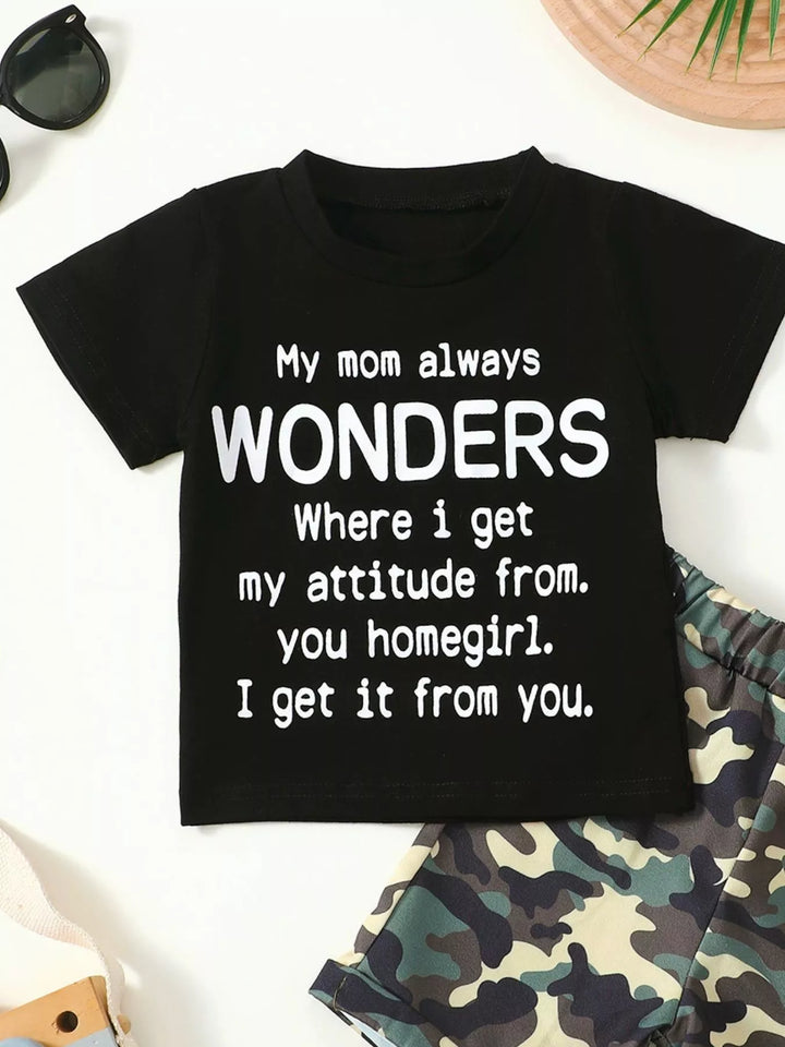 Children's Letter Graphic Tee and Camouflage Shorts Set