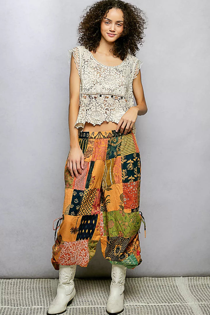 POL Printed Patchwork Wide Leg Pants with Adjustable Side Drawstring
