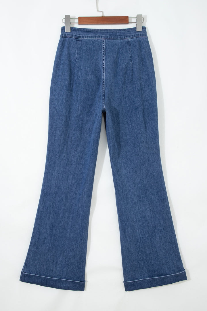 Ashleigh Blue Golden Button Detail Rolled Edge Flare Leg Jeans