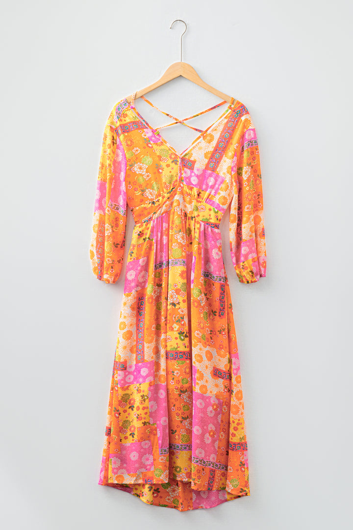 Orange Floral Patchwork Print Cut out Tied Back Bracelet Sleeve Maxi Dress